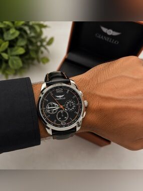 Gianello Men’s Italian Design Watch Black Leather Strap Tachymeter GNL7757BK NIB